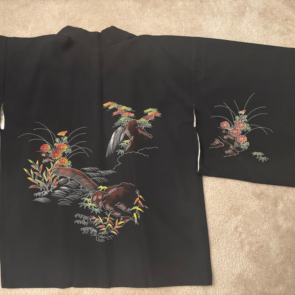 Vintage Japanese Silk Kimono / Haori– Hand Painted Black Floral Landscape -